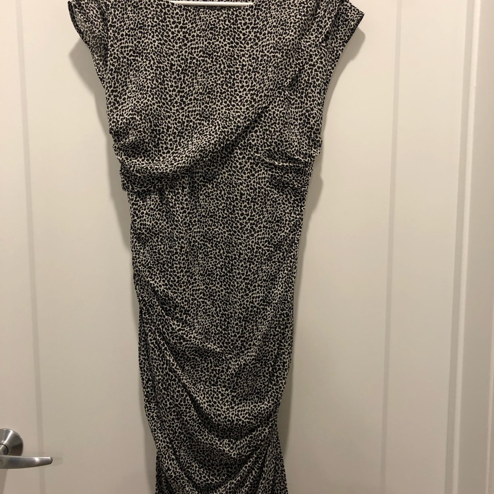 Ann Taylor Gray Black Ruched Asymmetrical Midi Dress